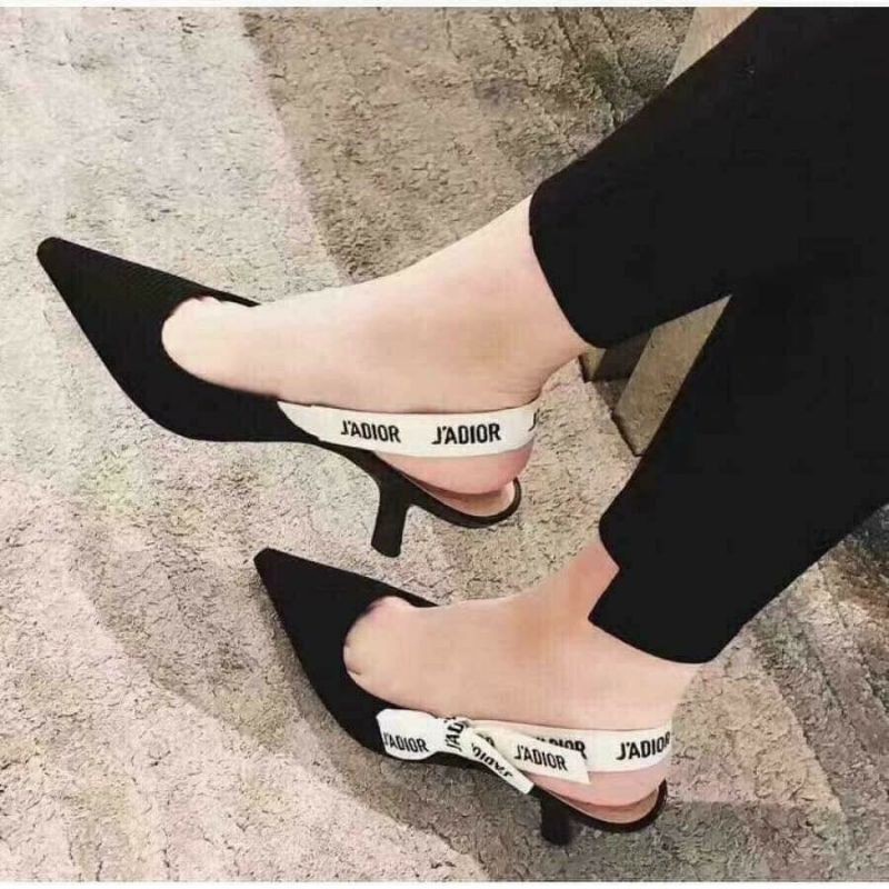 Sandal gót cong hở gót Diorr Slingback gót 5p đen nude