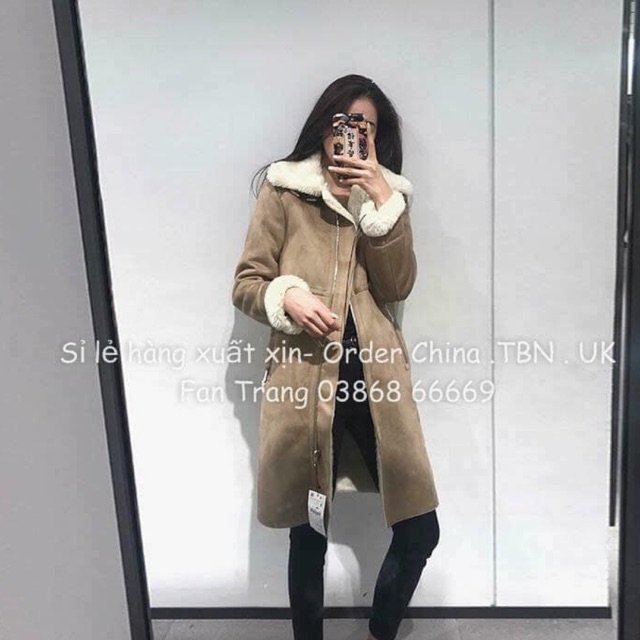 Áo da lộn lông cưu dáng dài auth