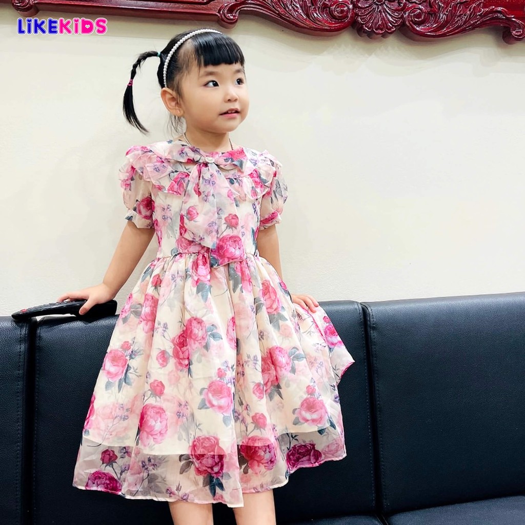 Đầm công chúa , váy bé gái hoạ tiết hoa hồng cổ bèo nơ cho bé gái từ 10 đến 40Kg Likekids