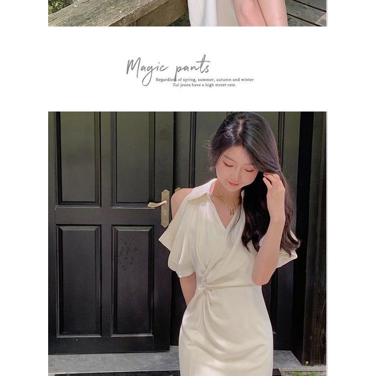 Đầm dài trung bình cổ chữ V thiết kế ôm eo phong cách Pháp thời trang mùa hè cho nữ