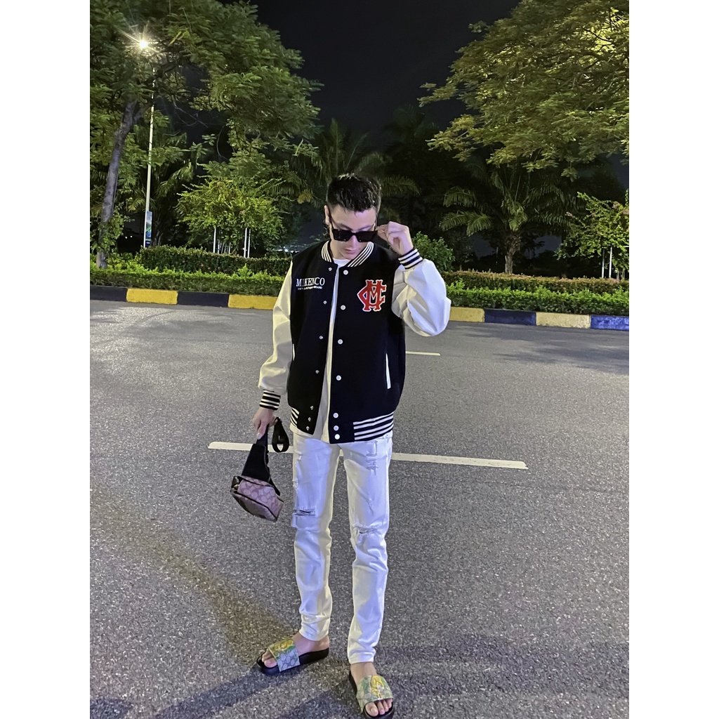 Áo Khoác BoomBer Nam Thêu Hình Cực Chất - Áo Khoác BoomBer Nam Chất Vải Dạ Tay Da 2 Lớp DT STORE MENWEAR