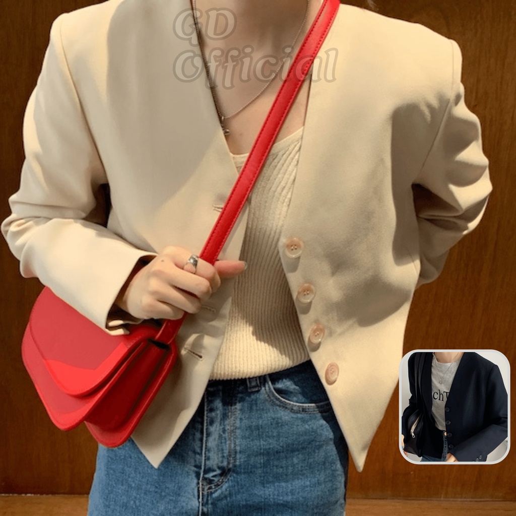 K1|Áo khoác vest dáng ngắn cho nữ văn phòng cổ V thanh lịch màu kaki, xanh GD Official