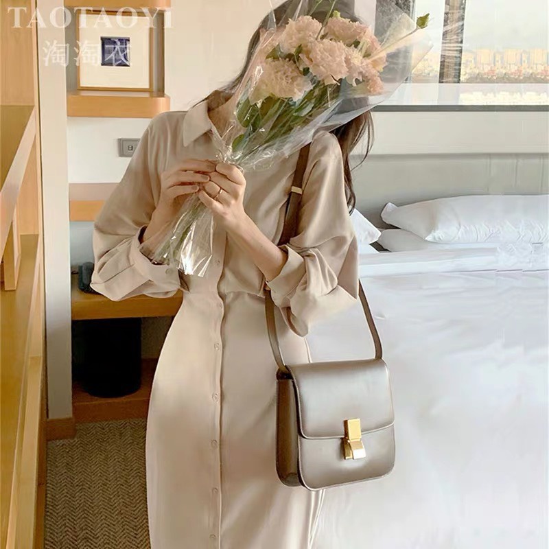 ĐẦM DÀI TAY BỒNG 2 MÀU XANH BE thắt dây eo