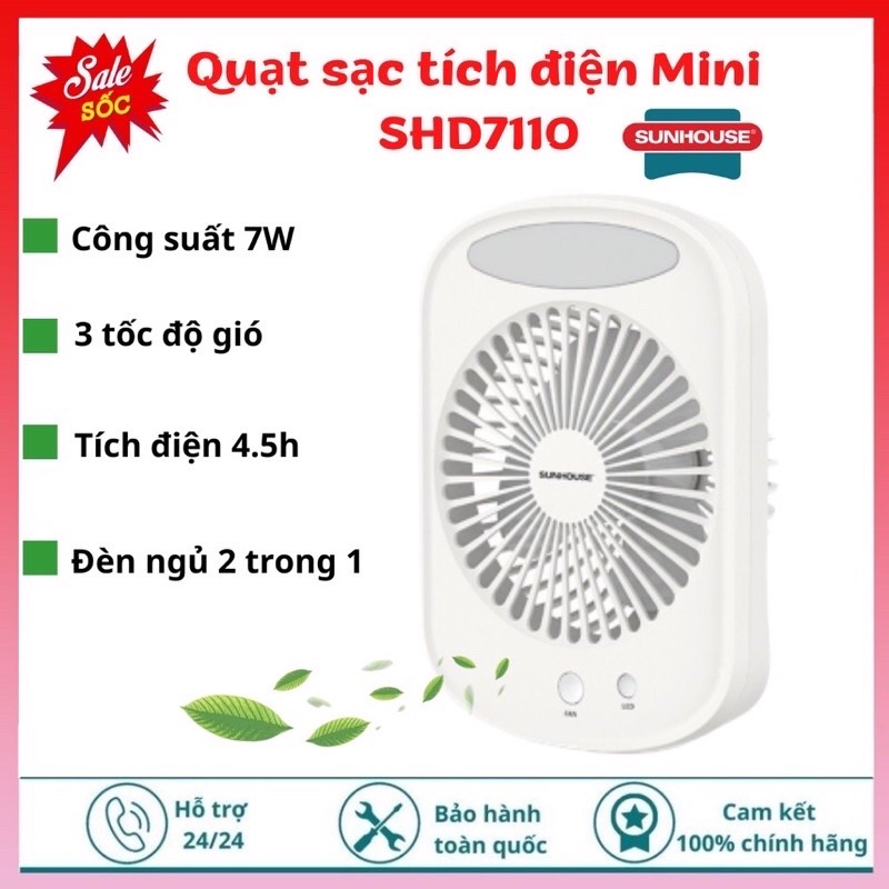 Quạt tích điện mini SUNHOUSE SHD7110 chính hãng -Thiết kế nhỏ gọn - 3 tốc độ gió - Tích hợp đèn ngủ 2 trong 1 tiện lợi