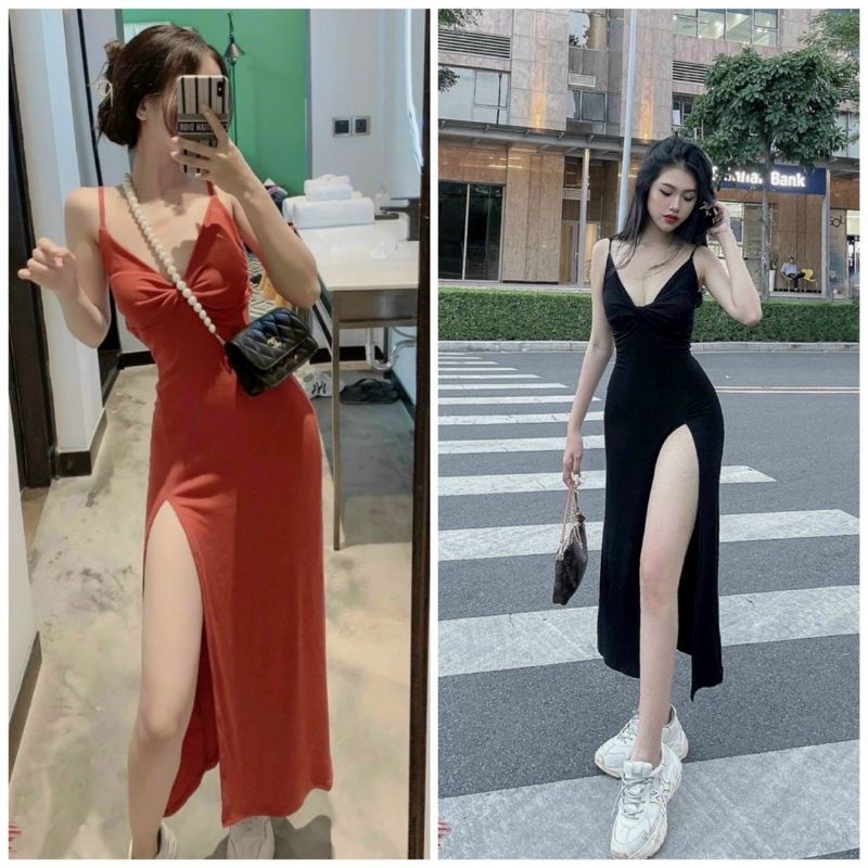 Đầm Thun Hai Dây Maxi Ôm Body - Thiết Kế Nơ Ngực Xẻ Tà Sexy | BigBuy360 - bigbuy360.vn