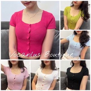 Áo croptop nữ tay ngắn len tăm cổ vuông,Áo len mỏng mongtoghi dáng ngắn Hàn quốc nhiều màu khuy tròn Vocanlus Boutique
