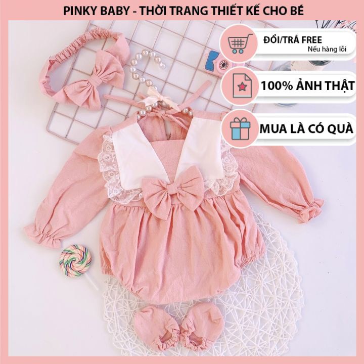 Bodysuit Hồng Cổ Thuyền Dài Tay Cho Bé Gái 0-12 Tháng Kèm Băng Đô Và Tất Chân, Váy Đầy Tháng, Bodysuit Sơ Sinh