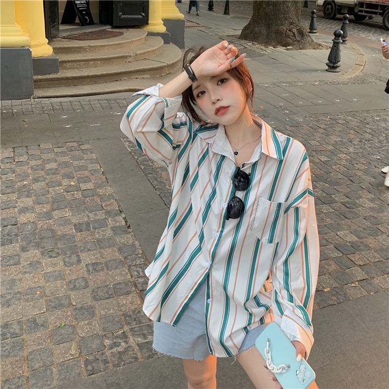Áo sơ mi tay dài dáng rộng họa tiết kẻ sọc cá tính trẻ trung hợp thời trang dành cho nữ