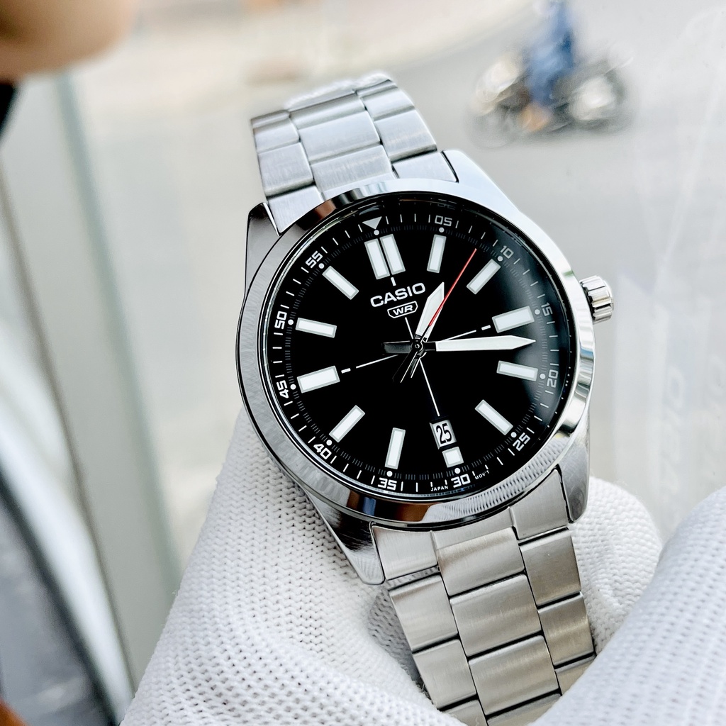 Đồng hồ nam kim da quang Casio MTP VD02D-1E Dây thép mặt đen Size 41mm chống nước 5ATM Bảo hành 1 năm Hyma watch