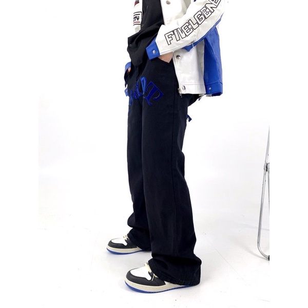 Quần Jean thêu hình con dơi xanh/ quần jean nam nữ ống đứng