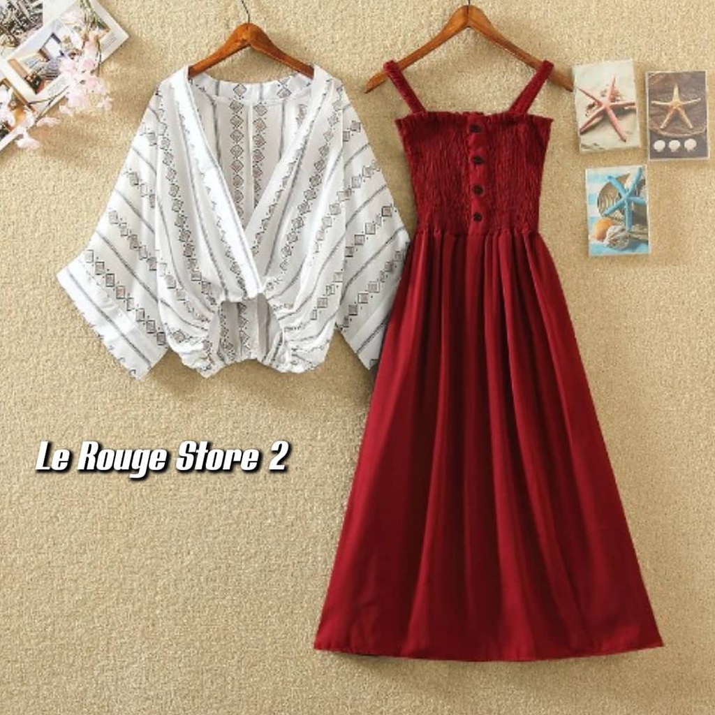 (ORDER) Set nữ thời trang Quảng Châu áo khoác sơ mi thổ cẩm + váy hai dây bo chun dáng dài các màu có size (ảnh thật)