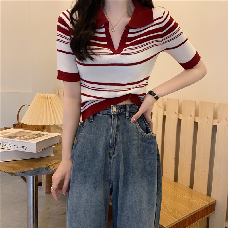 Áo thun ZHELIHANGFEI cổ polo tay ngắn họa tiết sọc ngang thời trang dành cho nữ