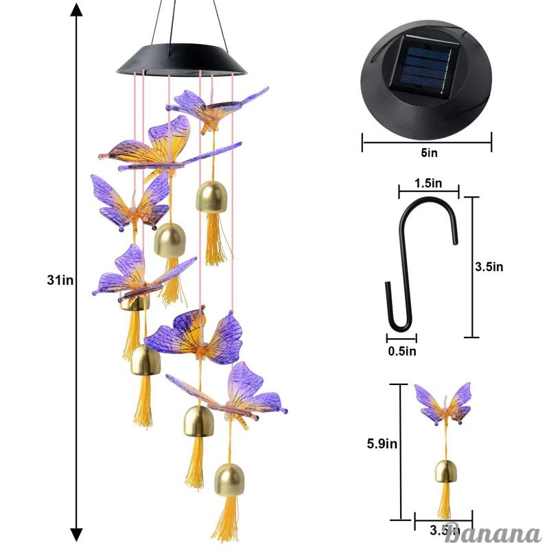 Chuông Gió Hình Chim Ruồi / Bướm Có Đèn Led Đổi Màu Sử Dụng Năng Lượng Mặt Trời