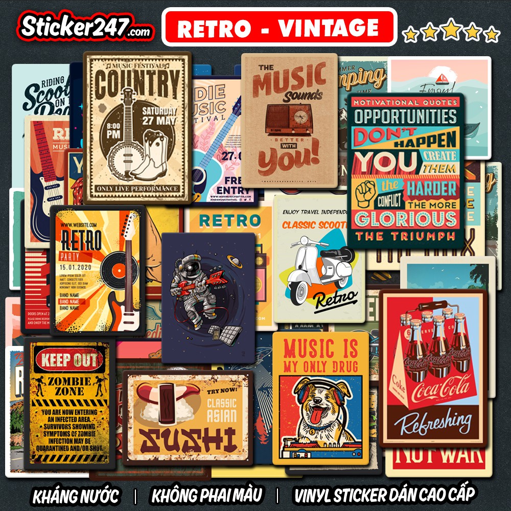 Sticker Vintage Retro 🌈𝑭𝒓𝒆𝒆𝒔𝒉𝒊𝒑 chống nước, sticker dán laptop, ipad, điện thoại, đàn guitar, mũ bảo hiểm,vali - R10