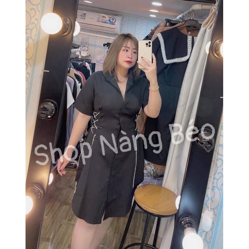 [Shop bigsize nữ 60kg-90kg] Đầm sơ mi đan dây eo sành điệu màu đen/ trắng/ nâu (tay ngắn)