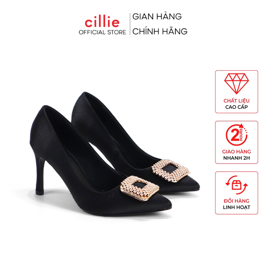 Giày cao gót nữ phối satin sang chảnh mũi nhọn thanh lịch thời trang gót cao 8cm đi tiệc đi làm Cillie 1233
