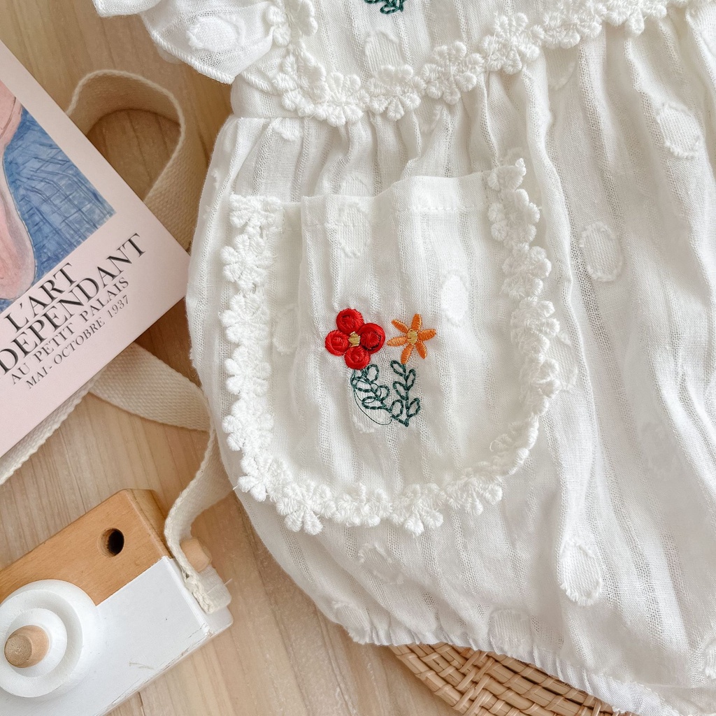 Bộ Áo Liền Quần Ngắn Tay Thêu Hoa Cho Bé Gái 0-2 Tuổi