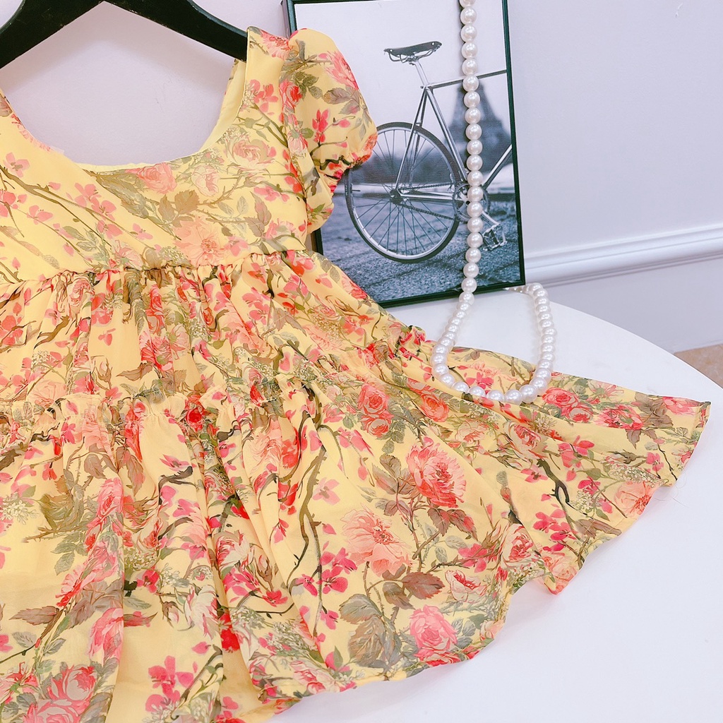 Váy công chúa cho bé, đầm voan bé gái họa tiết hoa tay phồng khóa kéo sau lưng (C2) | BigBuy360 - bigbuy360.vn