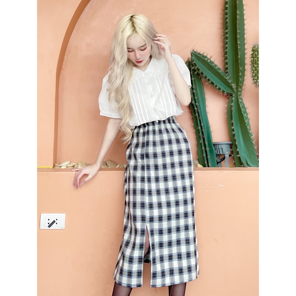 Chân váy bút chì dài, chân váy kẻ xẻ tà dáng dài 2 lop (Ảnh thật mẫu nhà mình tự chụp tự quay).Chân váy kẻ xẻ tà hit hot