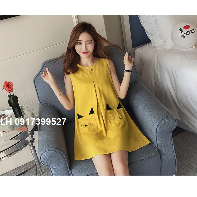 ĐẦM BẦU CÔNG SỞ, VÁY BẦU SUÔNG PHỐI TÚI THÊU MÈO THỜI TRANG HÀN QUỐC