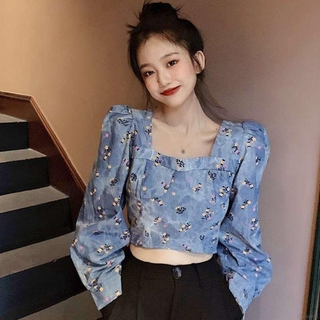 Áo Sơ Mi Denim Tay Dài Cổ Vuông Họa Tiết Hoa Thời Trang Cho Nữ