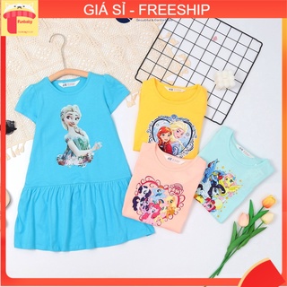 Váy cotton bé gái 2-10 tuổi cộc tay Hm nối chuyền in 3D, Đầm cho bé thấm hút mồ hôi