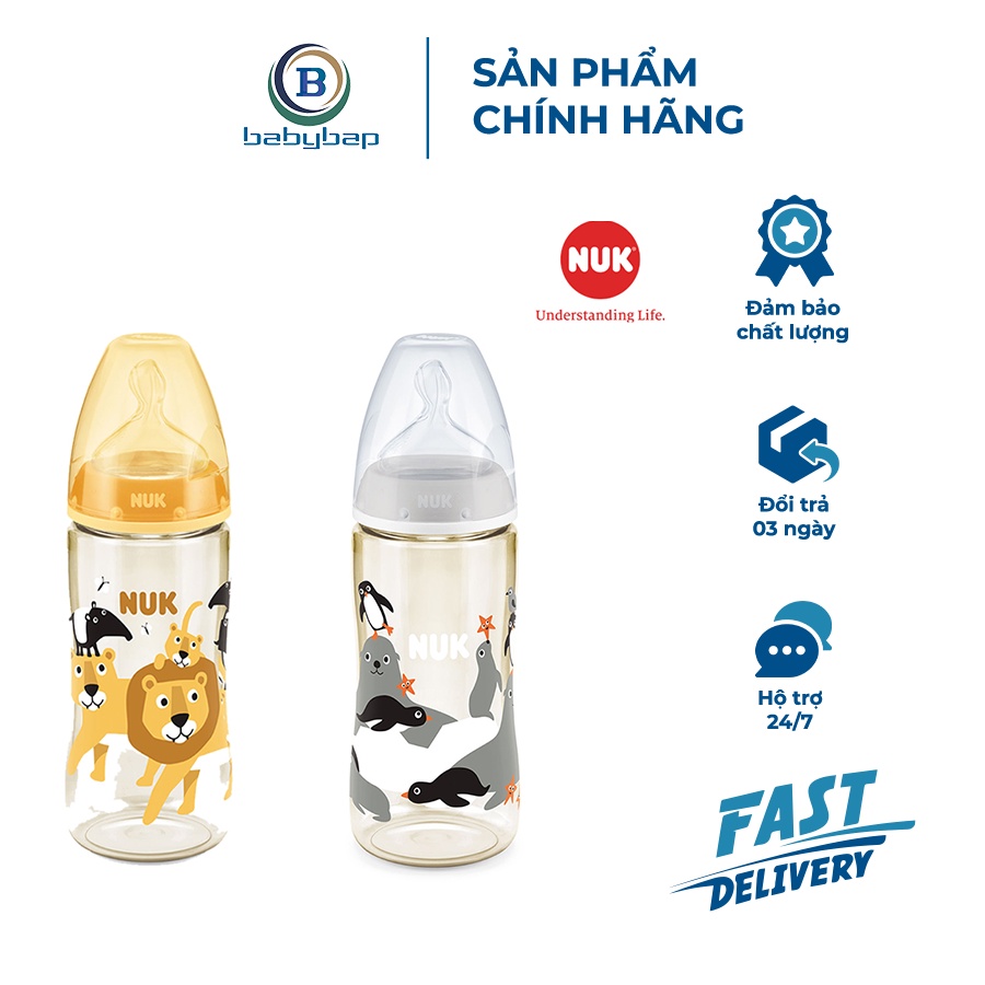 Bình Sữa NUK Premium Choice+ Nhựa PPSU 150ml/300ml (Animals) Chất Liệu Nhựa Y Tế Cao Cấp