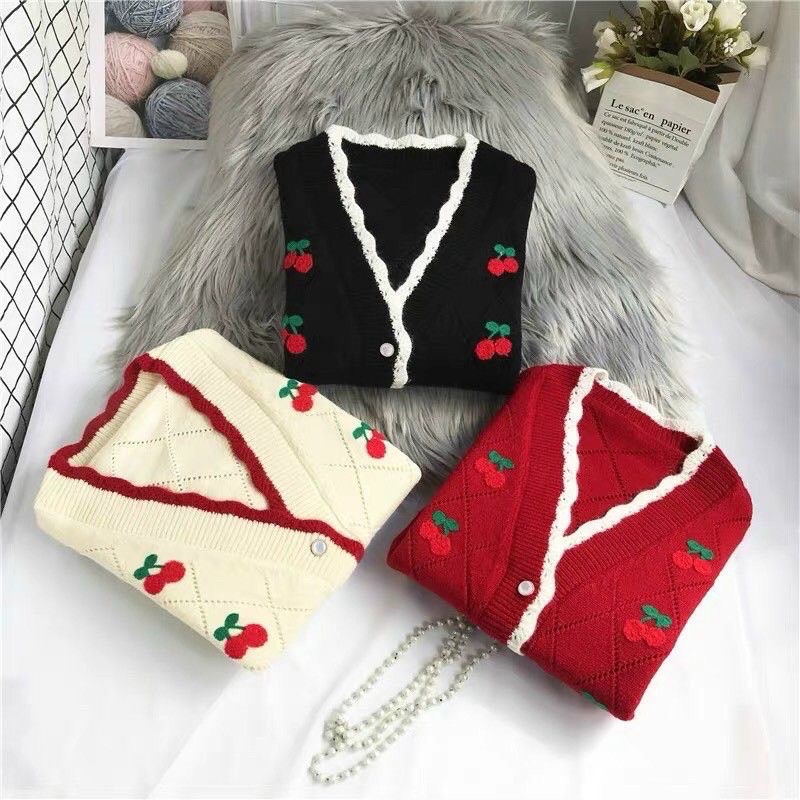 Áo Khoác Cardigan Nữ Dáng Ngắn Len Đan Thêu Cherry (ẢNH THẬT+VIDEO)