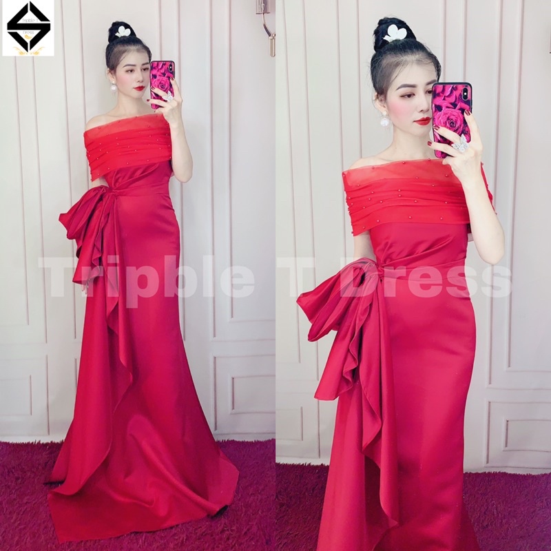 Đầm maxi body mặc cưới đi bàn nhẹ nhàng kèm bẹt vai rời TRIPBLE T DRESS - size S/M/L - MS208Y