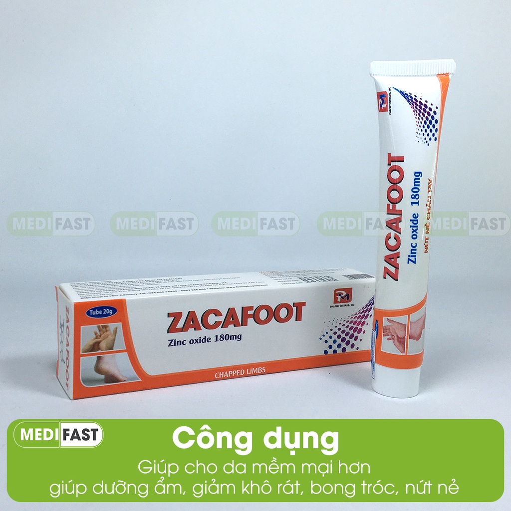 Kem dưỡng ẩm gót chân tay từ Kẽm Oxyd Zacafoot tuýp 20g, giảm nứt nẻ ,tinh chất nghệ Nano Curcumin, vaseline và mật ong