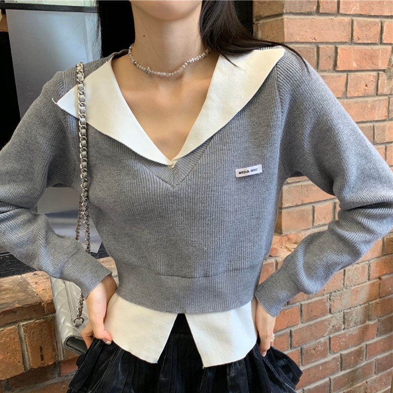 Áo Len Tay Dài Dáng Ngắn Ôm Sát Màu Tương Phản Thời Trang Hàn Quốc Dành Cho Bạn Nữ