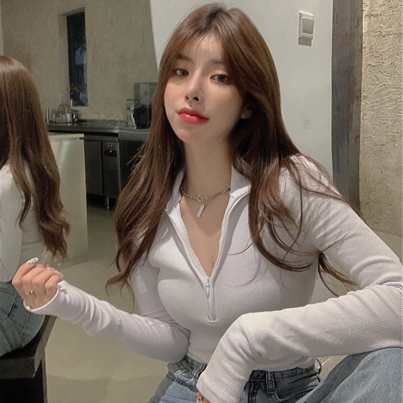 SUXI Áo Croptop Tay Dài Khoá Kéo Thiết Kế Mới Dành Cho Phái Nữ