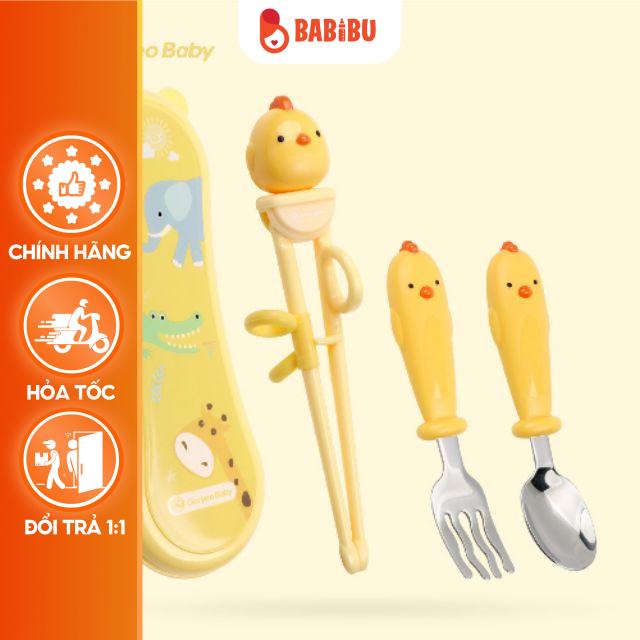 Set Đũa Thìa Nĩa Tập Ăn Dặm Kèm Hộp đựng 3 Chi Tiết Goryeobaby Hàn Quốc cho bé Babibu-Set3ĐTN