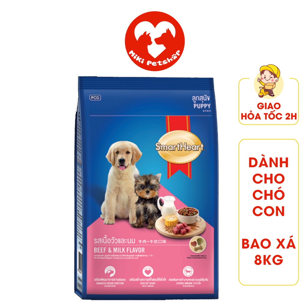 Thức Ăn Cho Chó Con Hạt Smartheart Puppy Vị Bò Và Sữa Bao Xá 8Kg - Miki Petshop