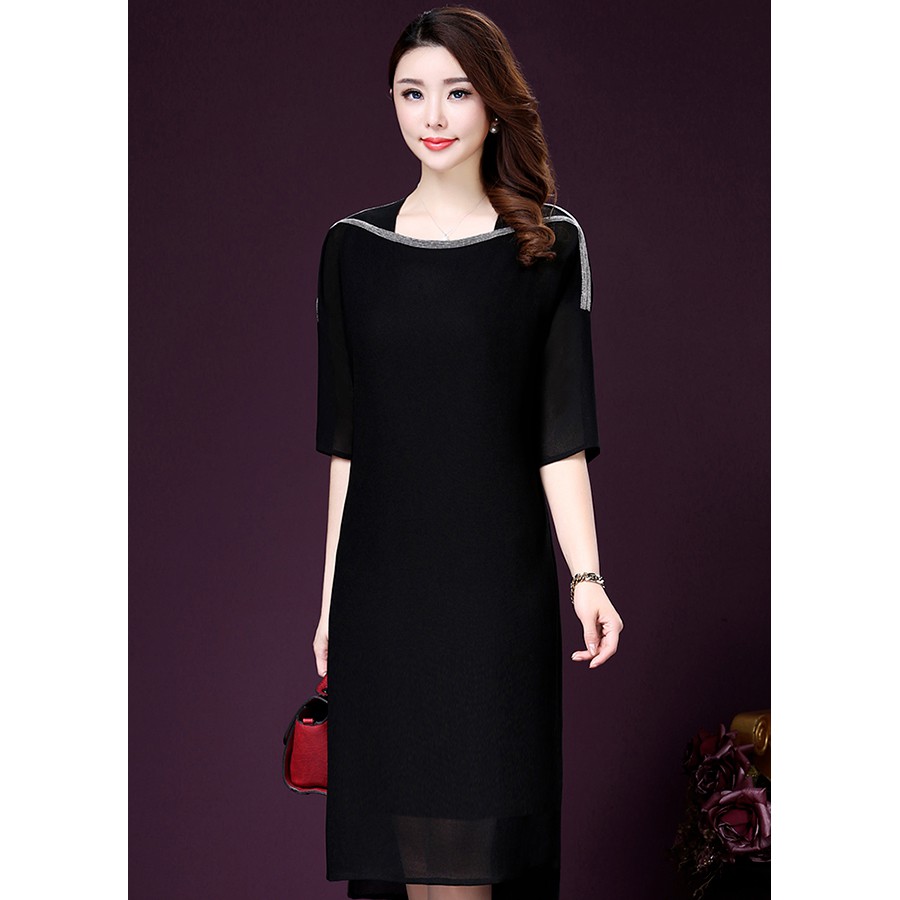 ĐẦM SUÔNG DỰ TIỆC BIGSIZE KIỂU ĐẦM SUÔNG TUỔI TRUNG NIÊN ĐÍNH CƯỜM PHỐI CỔ THUYỀN ROMI365
