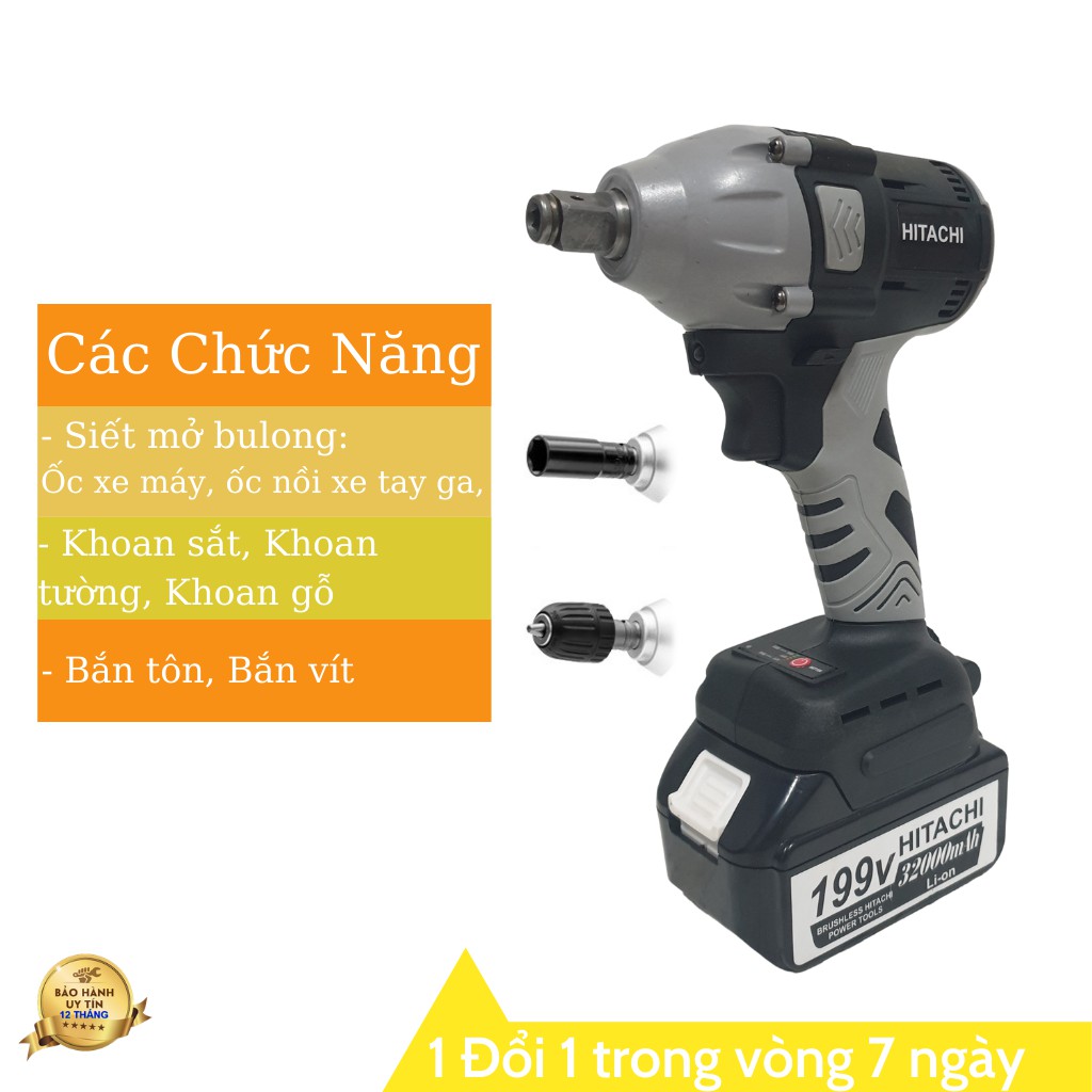 Máy Siết bulong Hitachi 199V - Máy bắn vít không chổi than TẶNG 6 đầu khẩu và 1 đầu chuyển vít