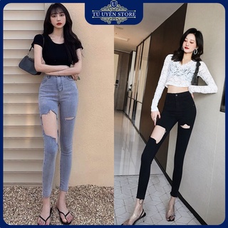 Quần jean nữ lưng cao rách gối co giãn - Quần bò nữ cạp cao rách gối dáng ôm chất jeans đẹp cao cấp Tú Uyên Store