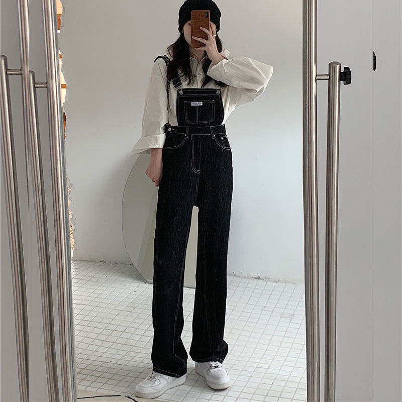 Quần Yếm Denim Đen Dáng Suông Rộng Phong Cách Hàn Quốc Cho Nữ