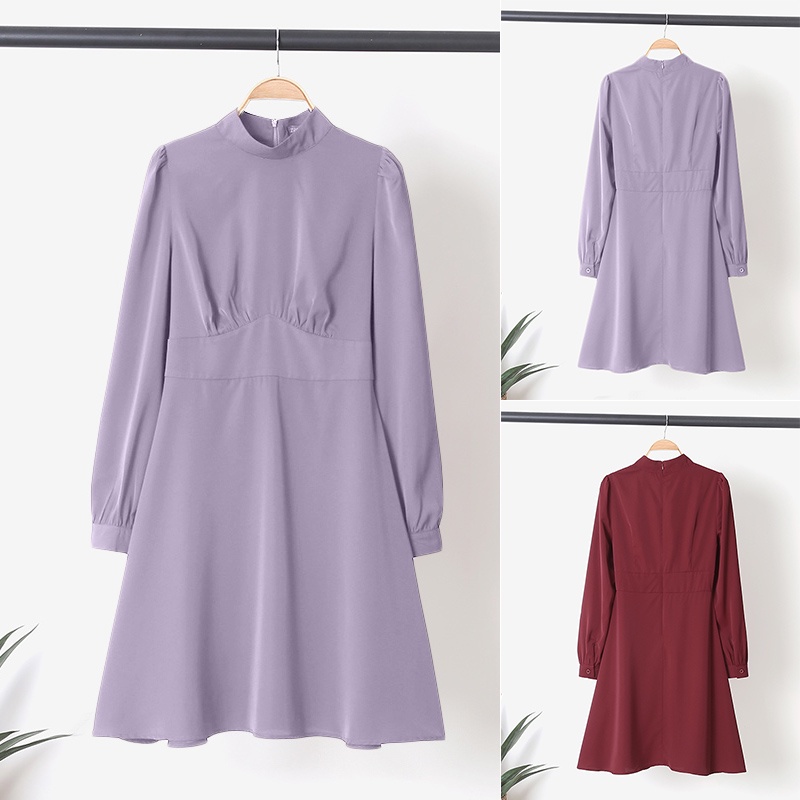 Đầm midi ZANZEA cổ rùa tay phồng ôm eo thời trang cho nữ