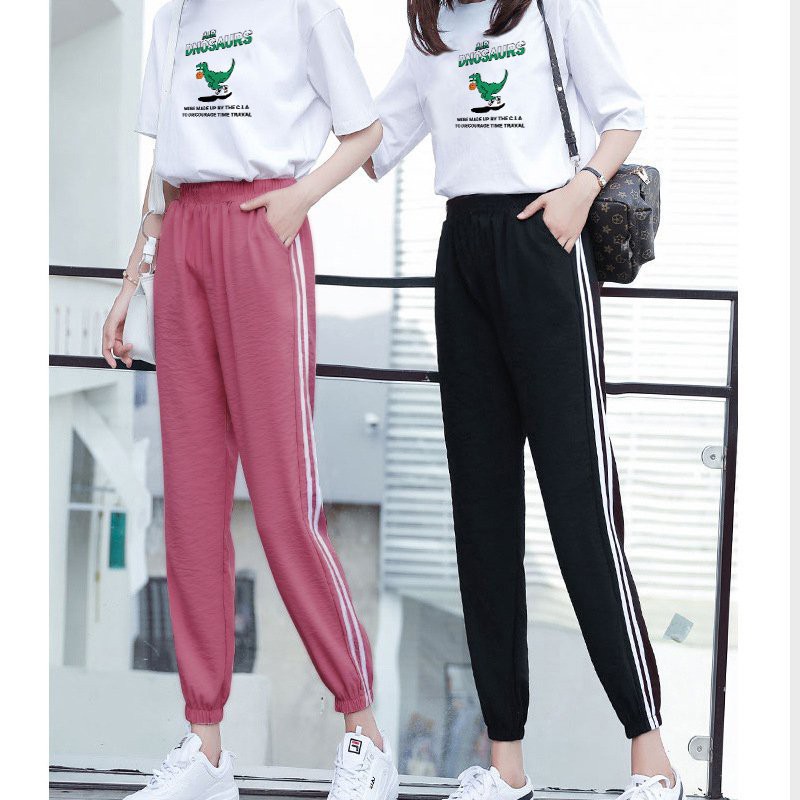 [FREESHIP-HÀNG LOẠI 1] Set Jogger Line Phối Thun Unisex Dnosaur -  Set quần thể thao sọc phối áo phông in hình dễ thương