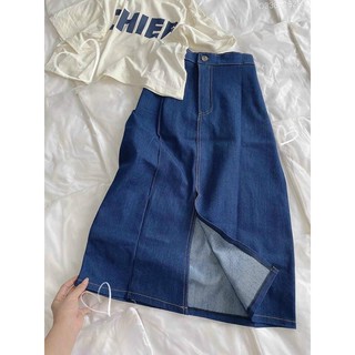Set áo pull trắng chân váy jean xẻ đùi