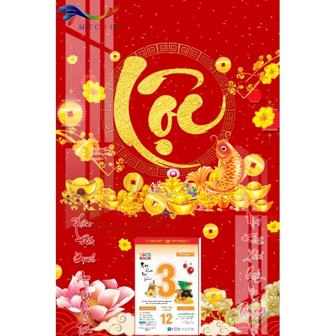 Lịch Gỗ Treo Tường- Lịch Tết Tráng Gương 2024 Chữ Lộc Thư Pháp  TẶNG BLOC ĐẠI