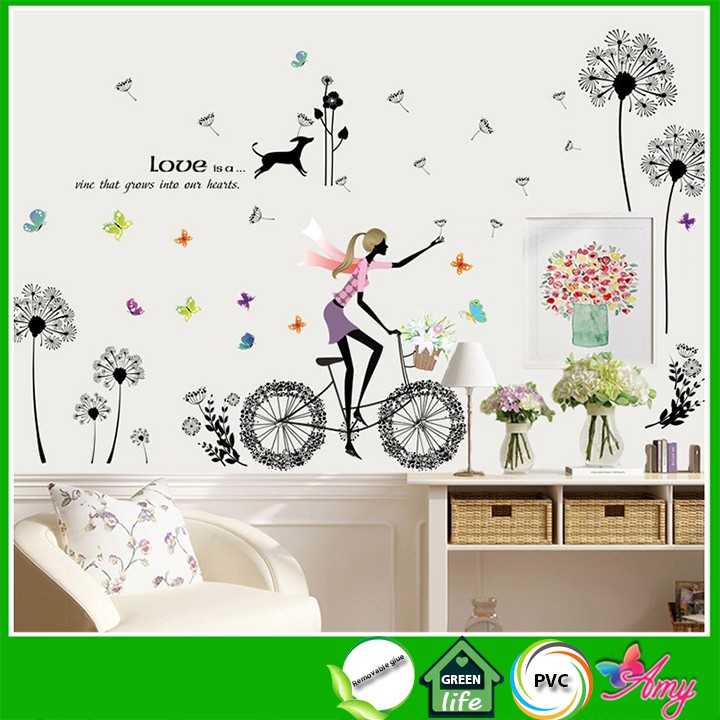 Decal dán tường Cô gái và hoa bồ công anh đen AmyShop DKN109 (93 x 170 cm)