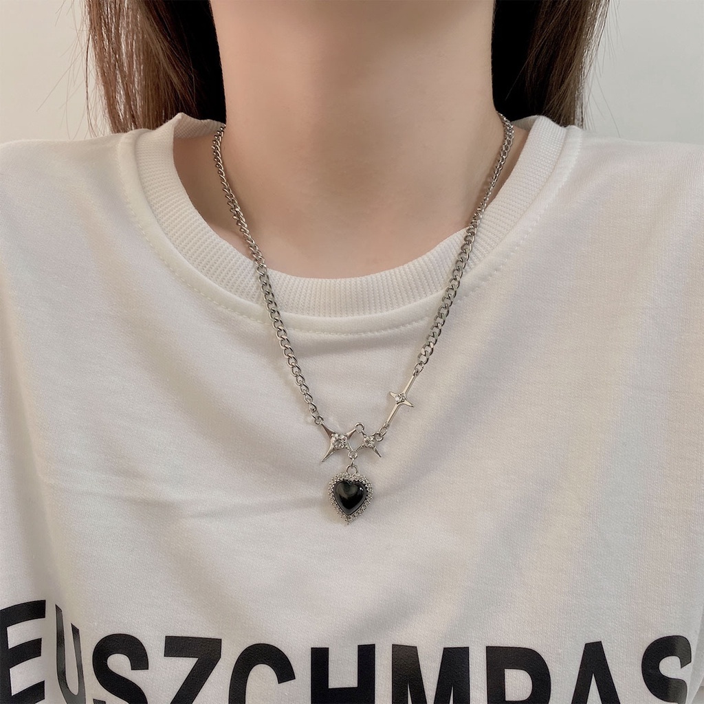 Vòng Cổ Choker Hình Ngôi Sao/Trái Tim Màu Đen Lấp Lánh Phong Cách Hàn Quốc