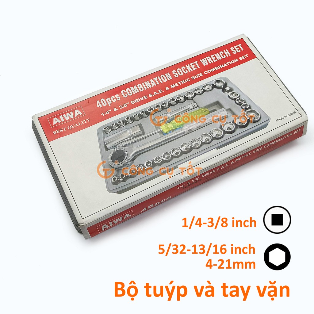 Bộ khẩu và cần xiết sửa xe thay bugi AIWA 40pcs hệ inch và mét