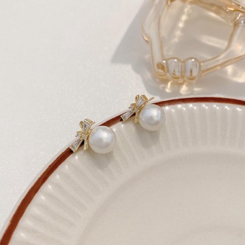 Bông tai hình nơ đính đá Zircon phối ngọc trai nhân tạo phong cách châu Âu thời trang mùa hè cho nữ