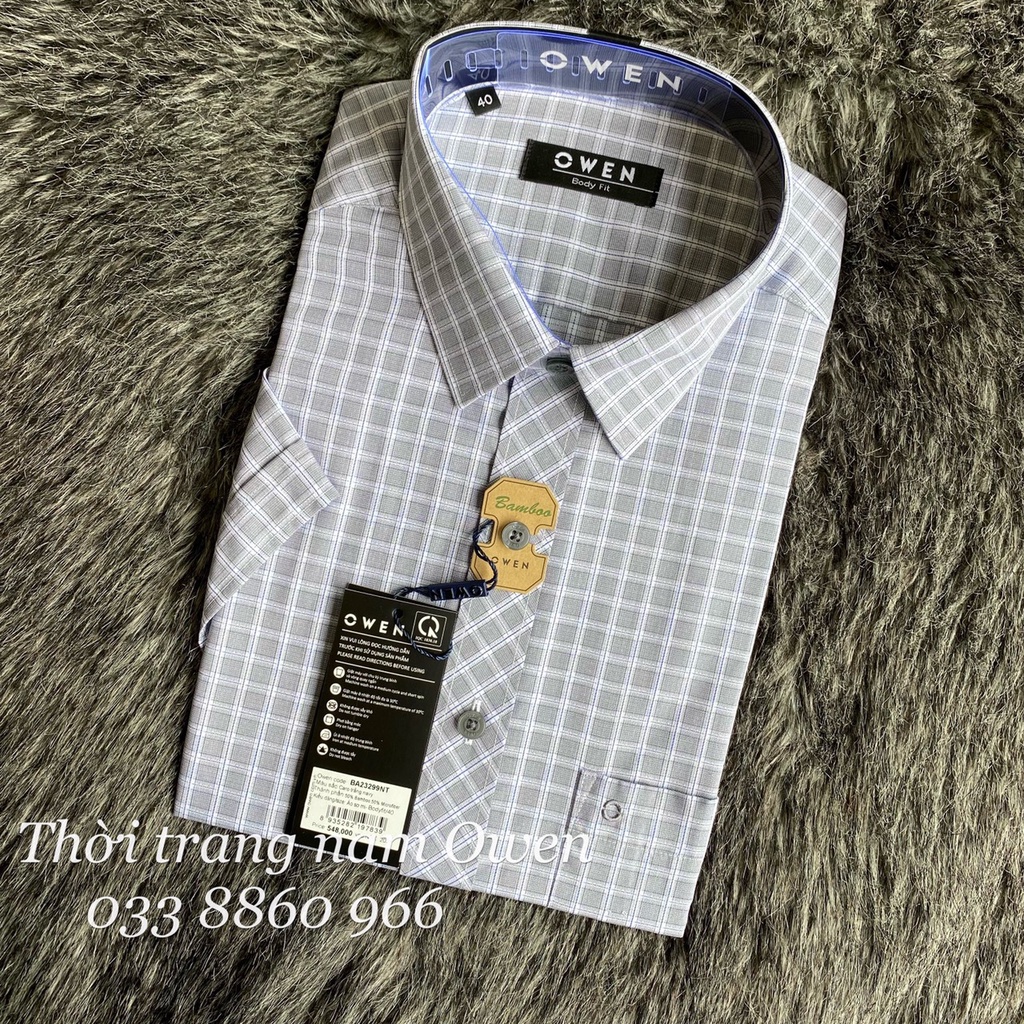OWEN - Áo Sơ mi ngắn tay Owen vạt ngang chất sợi tre kẻ ca rô xám 23299