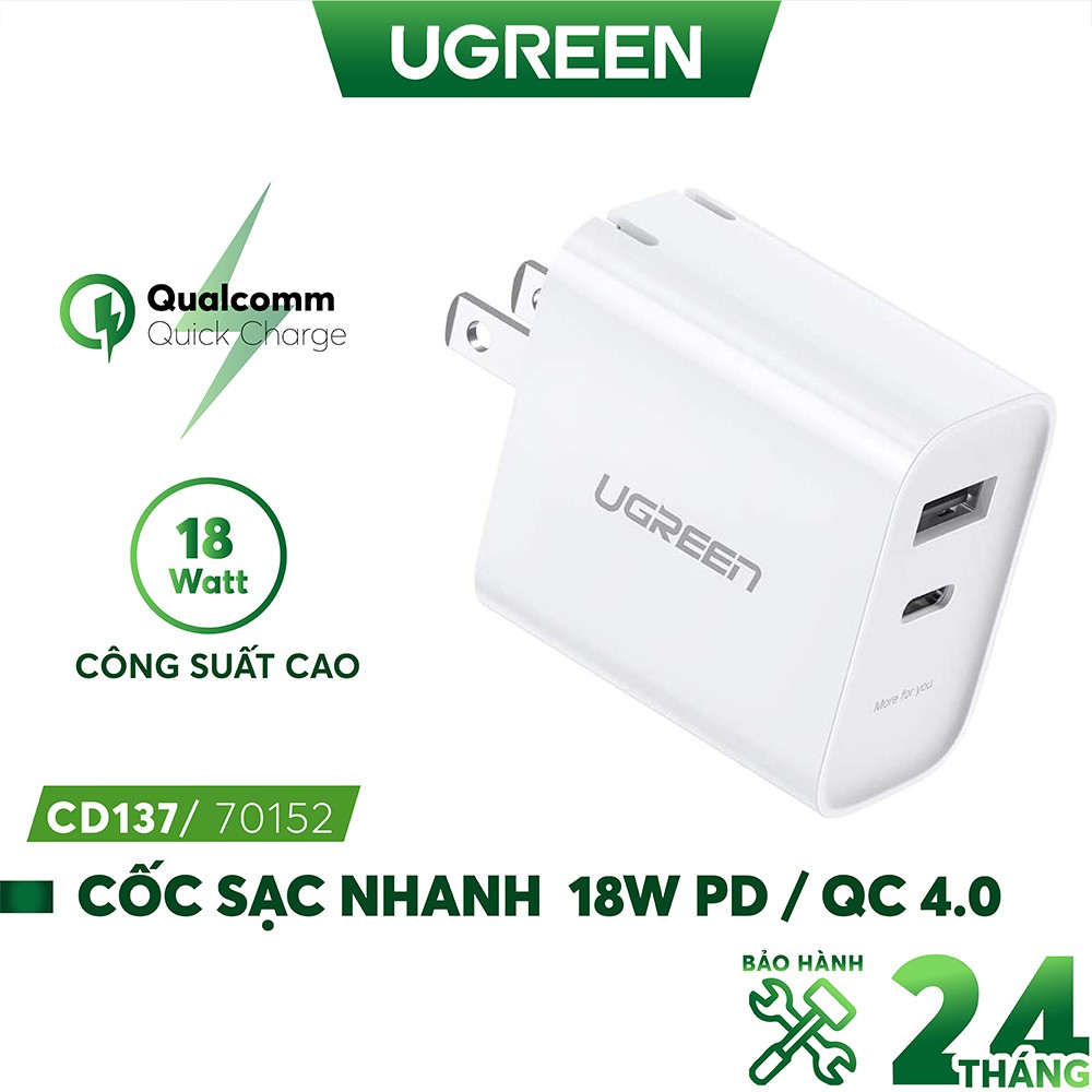 Sạc nhanh UGREEN CD137 70152, 2 cổng USB C và USB A, hỗ trợ PD QC 4.0 3.0 tối đa 18W cho iPhone 12 / Samsung / Xiaomi