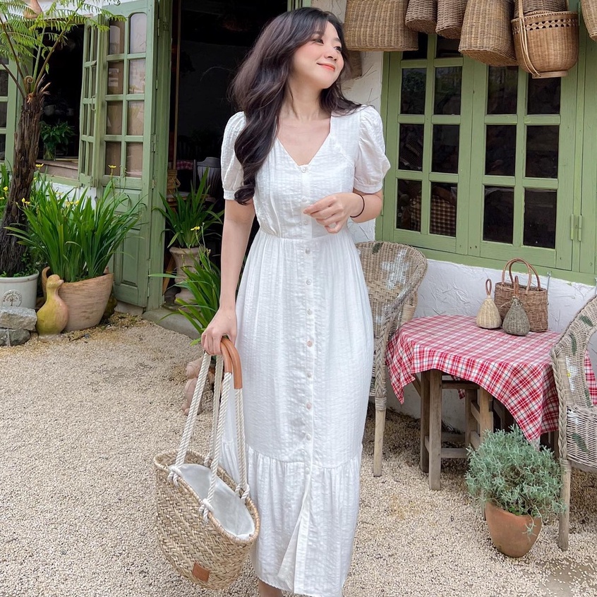 Đầm NAMIA - Đầm cổ tim dáng midi nẹp nút