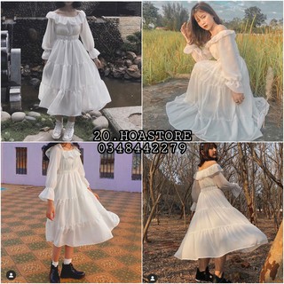 VÁY TRẮNG TAY BỒNG 2 LỚP XÒE TẦNG CÔNG CHÚA - ĐẦM MAXI TRỄ VAI CỔ VUÔNG CHUN EO HOT